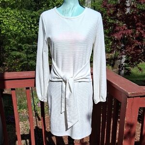 White Tie Front Sheath Dress with Bishop Sleeves